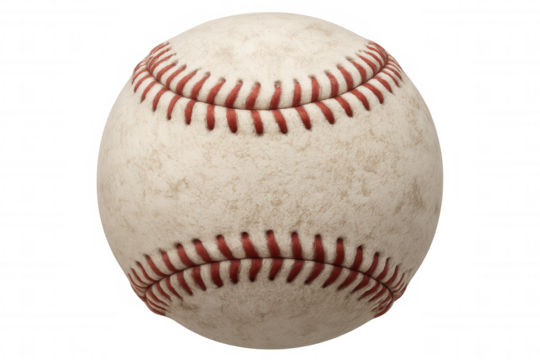 Weathered baseball revealing detailed red stitching, highlighting vintage leather texture against clear backdrop