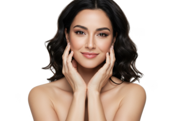 Woman with hands on face beauty portrait on transparent background