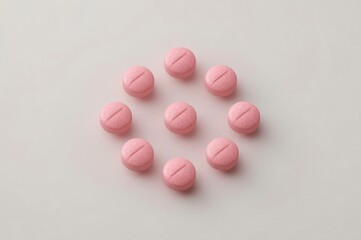 Pink pills arranged on white background, healthcare concept