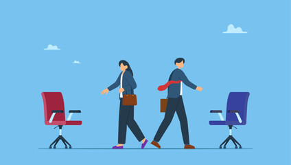 Businessman and businesswoman switch on office chairs metaphor of job rotation. Job rotation or employee switch position for new skill and experience, moving to new responsibility within organization.