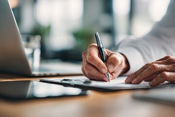 Close-up of hands writing on clipboard, beside laptop and tablet