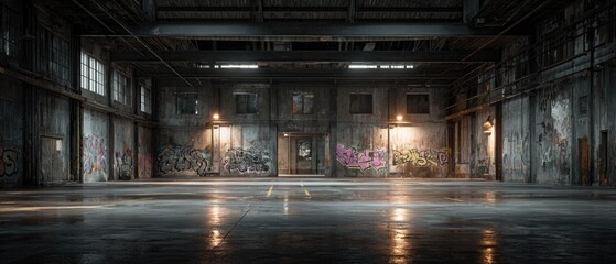 Derelict industrial warehouse interior with graffiti-covered walls and a reflective floor