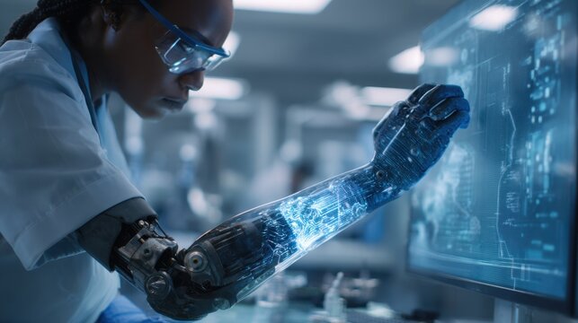 Medium shot of a biomedical engineer inspecting a futuristic prosthetic limb emphasizing innovation in rehabilitation technology.