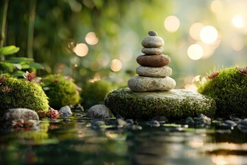 Serene stones stacked on moss, near calm water, in lush greenery