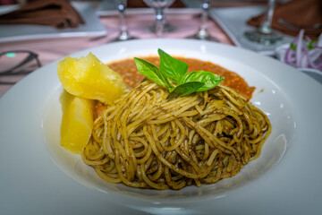 Sopa seca Peruvian traditional pasta dish with cassava and beans