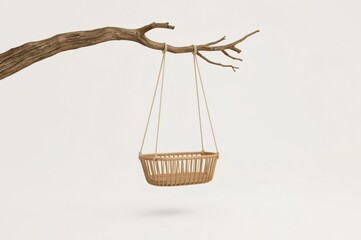 Baby cradle hangs from branch, studio shot, peaceful background, nursery decor