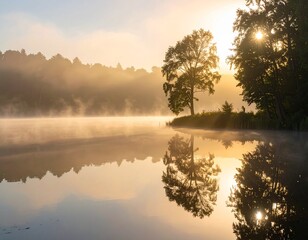 Fototapeta premium A calm lake covered in morning fog