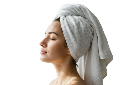 Young woman with towel wrapped around her head isolated on transparent background