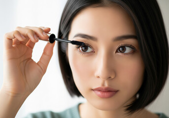 Obraz premium マスカラを塗る日本人女性のメイクアップシーン
