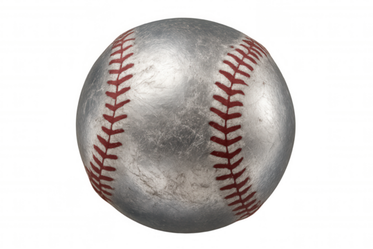 Close-up of a textured silver baseball with prominent red stitching, isolated on a transparent background, ready for compositing