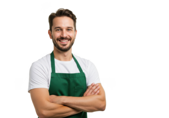 Smiling man in green apron isolated on transparent background