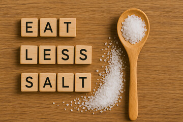 Eat less salt health awareness message wooden spoon filled with white salt grains scattered on wooden background healthy lifestyle prevention concept sodium risk diet control medical nutrition educati