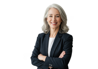 Confident businesswoman smiling with arms crossed, isolated on transparent background