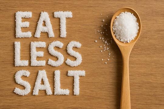 Eat less salt health concept salt grains text on wooden table with wooden spoon filled white salt healthy lifestyle awareness medical nutrition prevention campaign sodium control hypertension educatio - Powered by Adobe