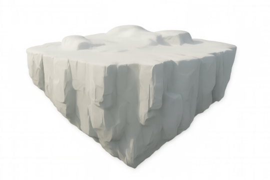 3d rendering of a white floating island with snow, isolated on transparent background, ideal for compositions