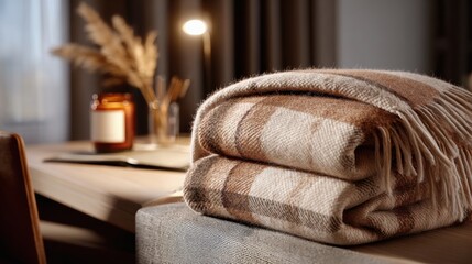 Fall Inspired Office Setups featuring cozy plaid blanket folded on chair, amber jar candle, warm wood textures, minimalist desk styling, soft curtain lighting, and climate adaptive workspace ambiance