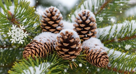 Winter Pine Cones on Snowy Evergreen Branches with Falling Snowflakes