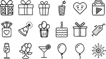 Vector illustration of various party and celebration icons including gifts, balloons, cake and party favors
