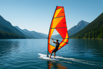 Windsurfer riding board with colorful sail on mountain lake, summer adventure extreme water sport, man enjoying windsurfing activity on blue water, outdoor recreation healthy lifestyle travel freedom 