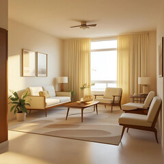 Fototapeta premium Sunlit living room with modern wooden ceiling design