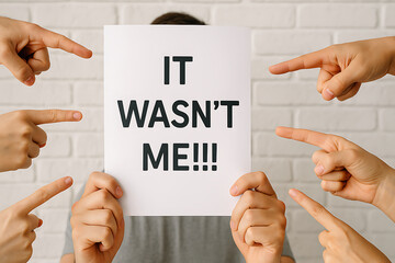 It wasn&rsquo;t me text sign held by person surrounded by many pointing fingers accusation blame guilt concept victim responsibility denial bullying workplace harassment psychology conflict stress problem b