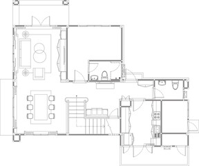 Interior Design Vector – Residential First Floor Living, Dining, Kitchen, and Bathroom Layout