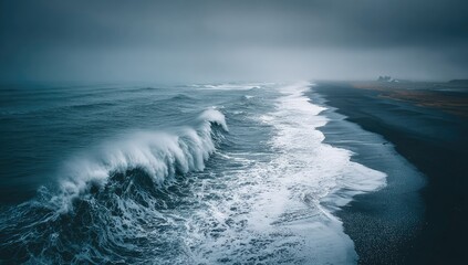 Dark, moody coastal scene with large waves crashing on a black sand beach under a stormy sky