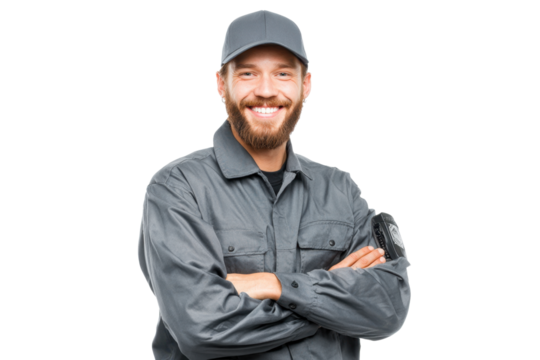 Smiling Male Security Guard in Gray Uniform on Transparent Background