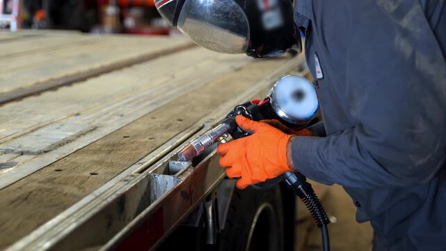 Welder at work, wearing protective gear, welding helmet and heavy-duty cloth. blue and orange sparks are flying as welding torch fuses metal together. Trailer repair
