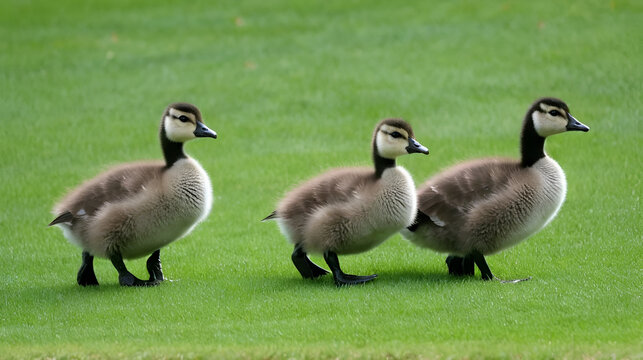 Baby Canada geese on lawn and plopping into river - Powered by Adobe