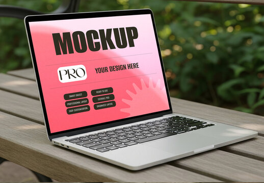 Realistic Laptop Display PSD Mockup on Wooden Bench