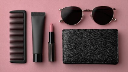 Flatlay of comb, tube, lipstick, sunglasses, wallet on pink