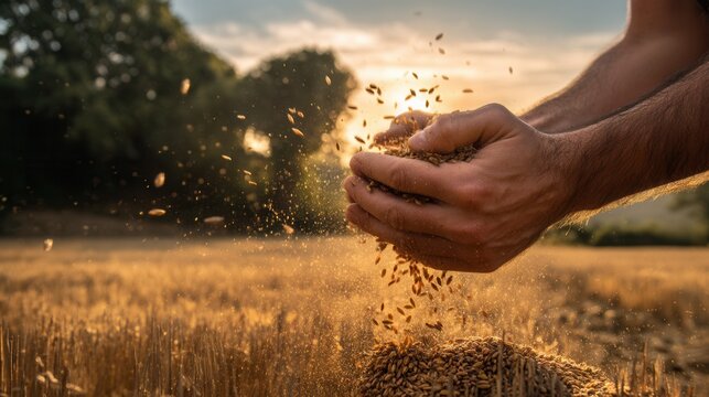 Hands holding and sifting grains over a golden wheat field at sunset, with trees and a clear sky in the background.