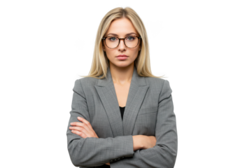 Woman in blazer with crossed arms posing on transparent background
