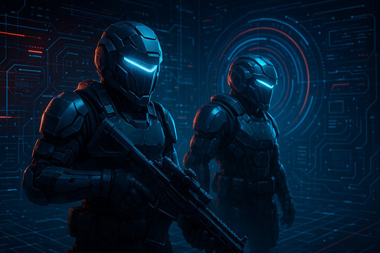 Futuristic armored soldiers in high tech sci fi environment wearing advanced combat exoskeleton suits with glowing blue visors cyber military concept technology warfare digital security innovation def