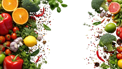 Vibrant array of fresh fruits and vegetables, divided by a black void