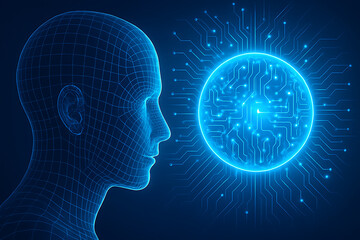 Artificial intelligence human head digital brain technology concept glowing circuit data network futuristic innovation virtual reality machine learning neural connections cyber mind science abstract v