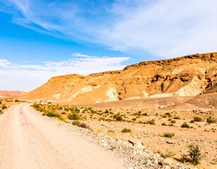 Dusty desert road winds through colorful hills