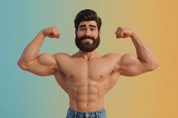 Cartoon strong man flexing biceps, gradient background, fitness