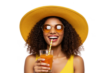 Woman enjoys beverage with hat and glasses on transparent background