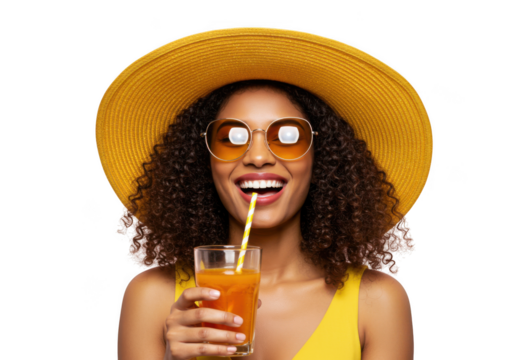 Woman enjoys beverage with hat and glasses on transparent background - Powered by Adobe