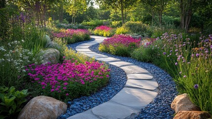 Obraz premium Serene Winding Stone Path Adorned with Colorful Pink, Purple, and Yellow Flowers in a Lush Summer Garden Bathed in Golden Sunlight