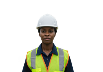 Woman wearing hardhat and safety vest pose on transparent background