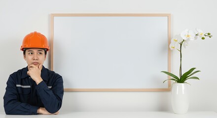 Engineer in safety helmet on one side, white minimalist vase with orchids on the other, isolated background