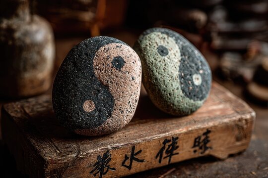 Two yin-yang stones rest on an old wooden box - Powered by Adobe