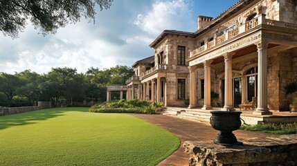 Luxurious mansion with manicured lawn and classical architecture under a bright sky on a sunny day outdoors