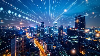 Futuristic city skyline illuminated with abstract data stream connecting buildings and - Powered by Adobe