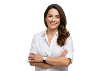 Smiling woman with crossed arms portrait on transparent background