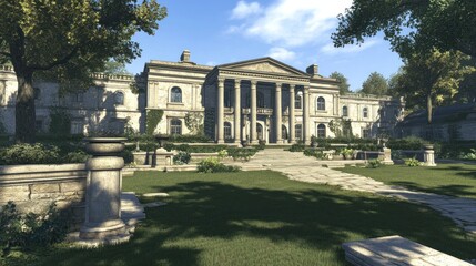 Grand mansion with classical architecture and overgrown gardens on a sunny day with blue skies