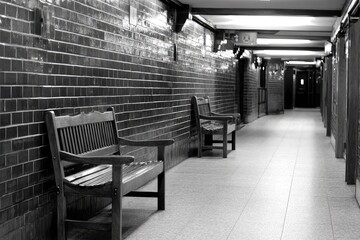 Long, dimly lit hallway with two wooden benches